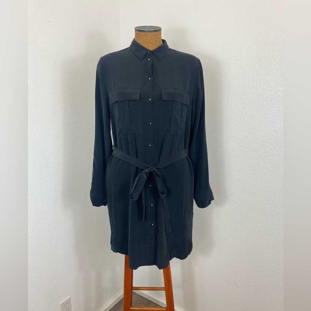 Grana Silk Shirt Dress Black M Belted Silver Circular Buttons Knee Length EUC